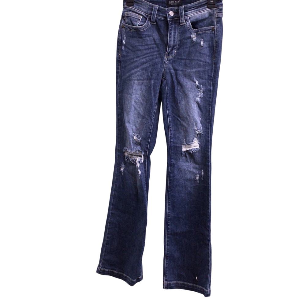Judy Blue Womens Low Rise Boot Cut Fit Dark Wash Jeans Size 0/24 Distressed